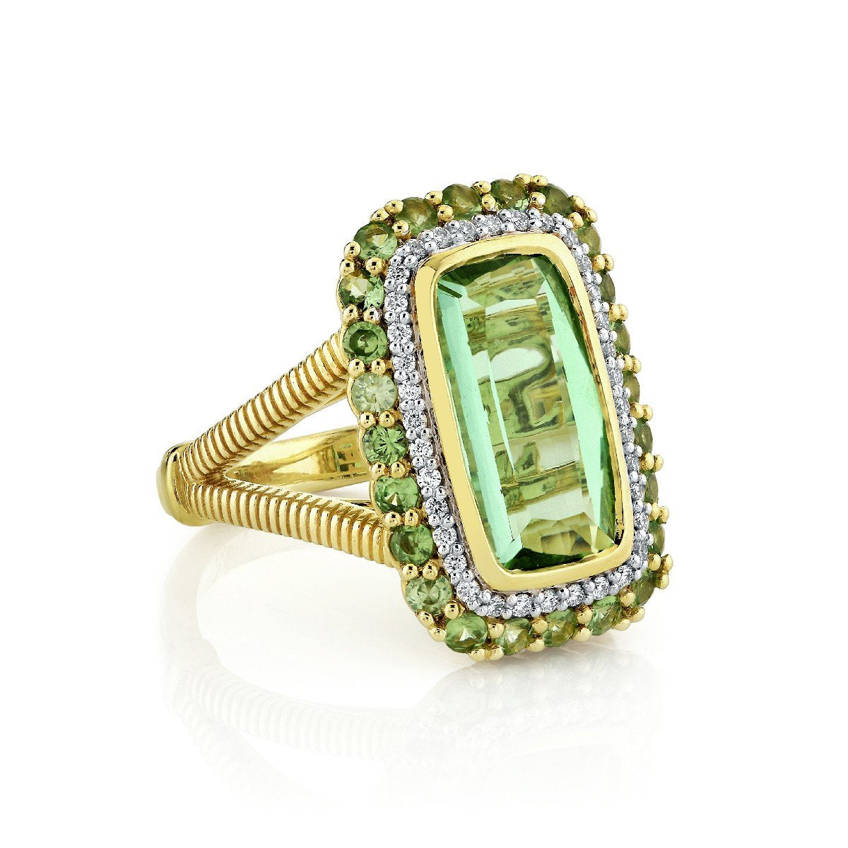 Green Tourmaline Ring With Diamond And Tsavorite Halos