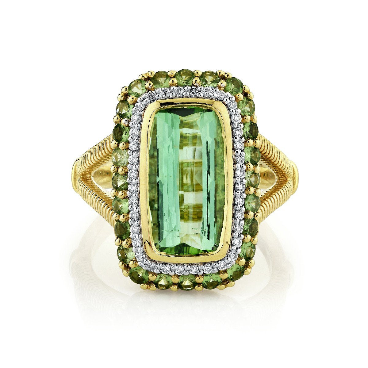 Green Tourmaline Ring With Diamond And Tsavorite Halos