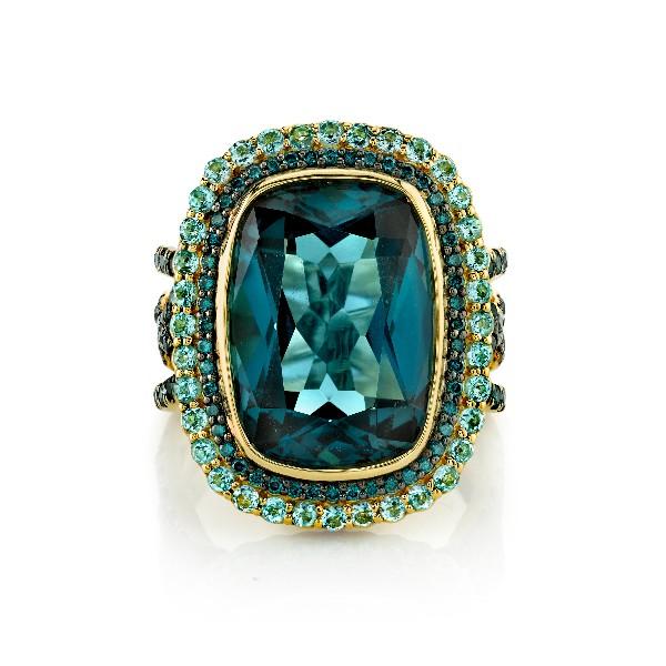 London Blue Topaz Cushion Ring With Blue Diamonds And Swiss Blue Topaz