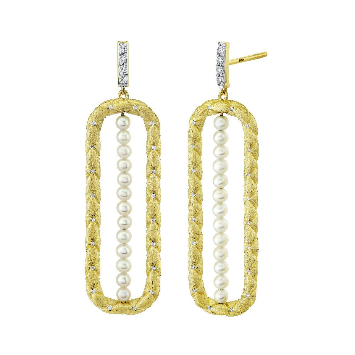 Pearl Earrings With Gold And Diamond Quilted Frame