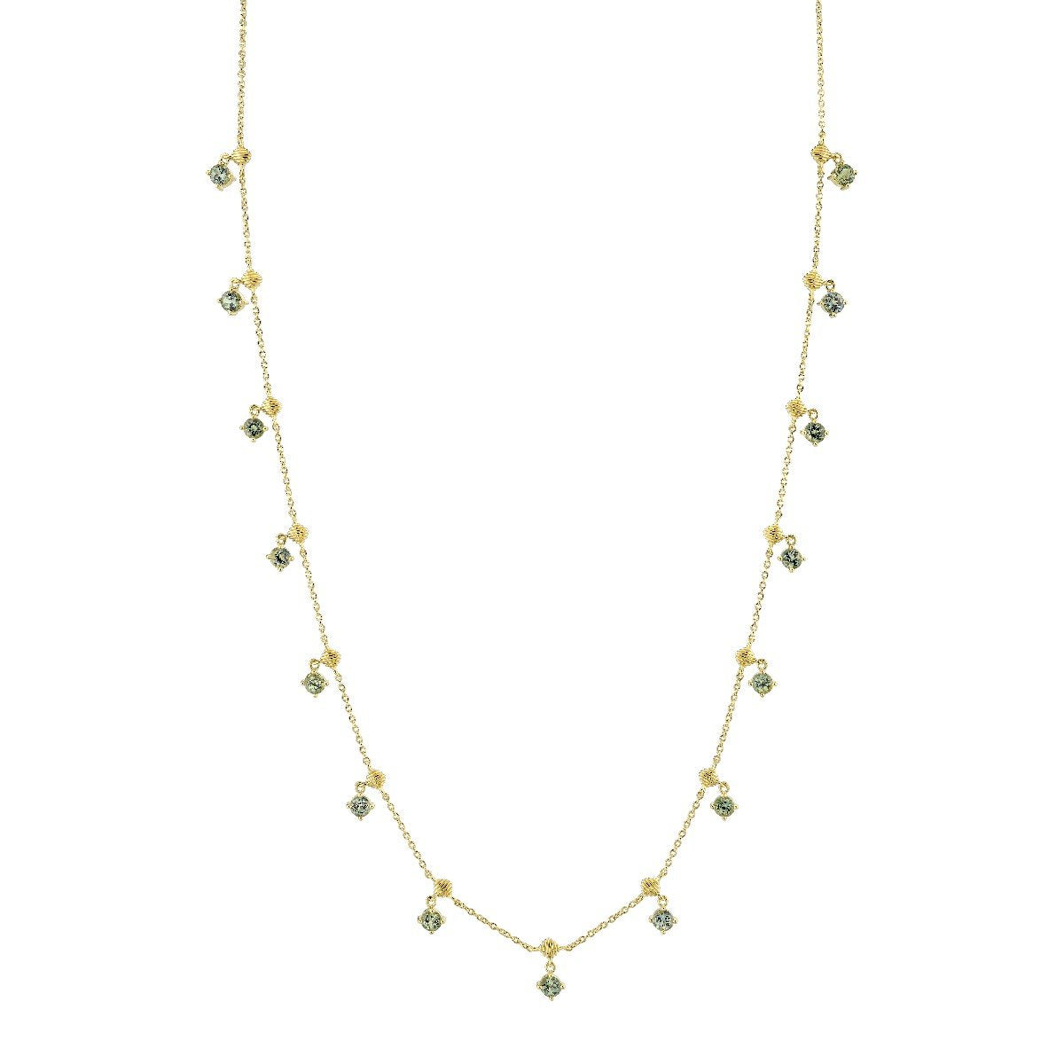 Gold Strie Cushion Chain With Hanging Prong Set Green Sapphires