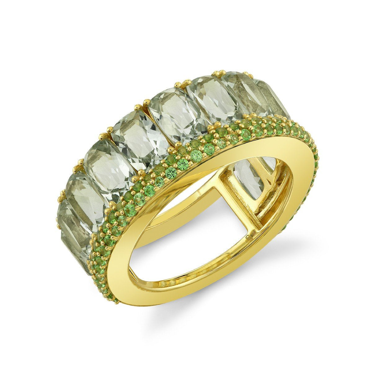 Green Amethyst Cushion And Light Tsavorite Pave Band