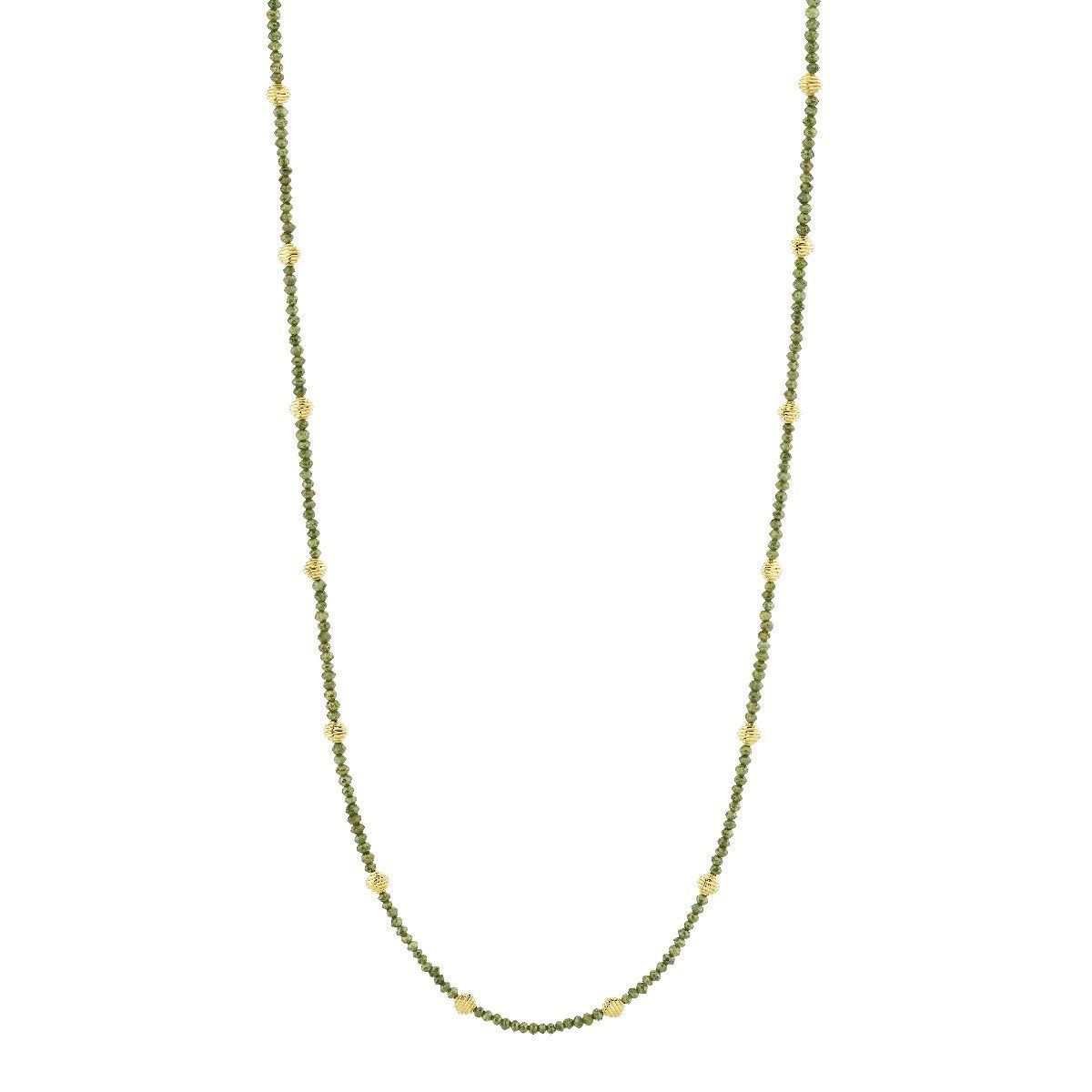 Green Sapphire Bead Necklace With Gold Strie Stations