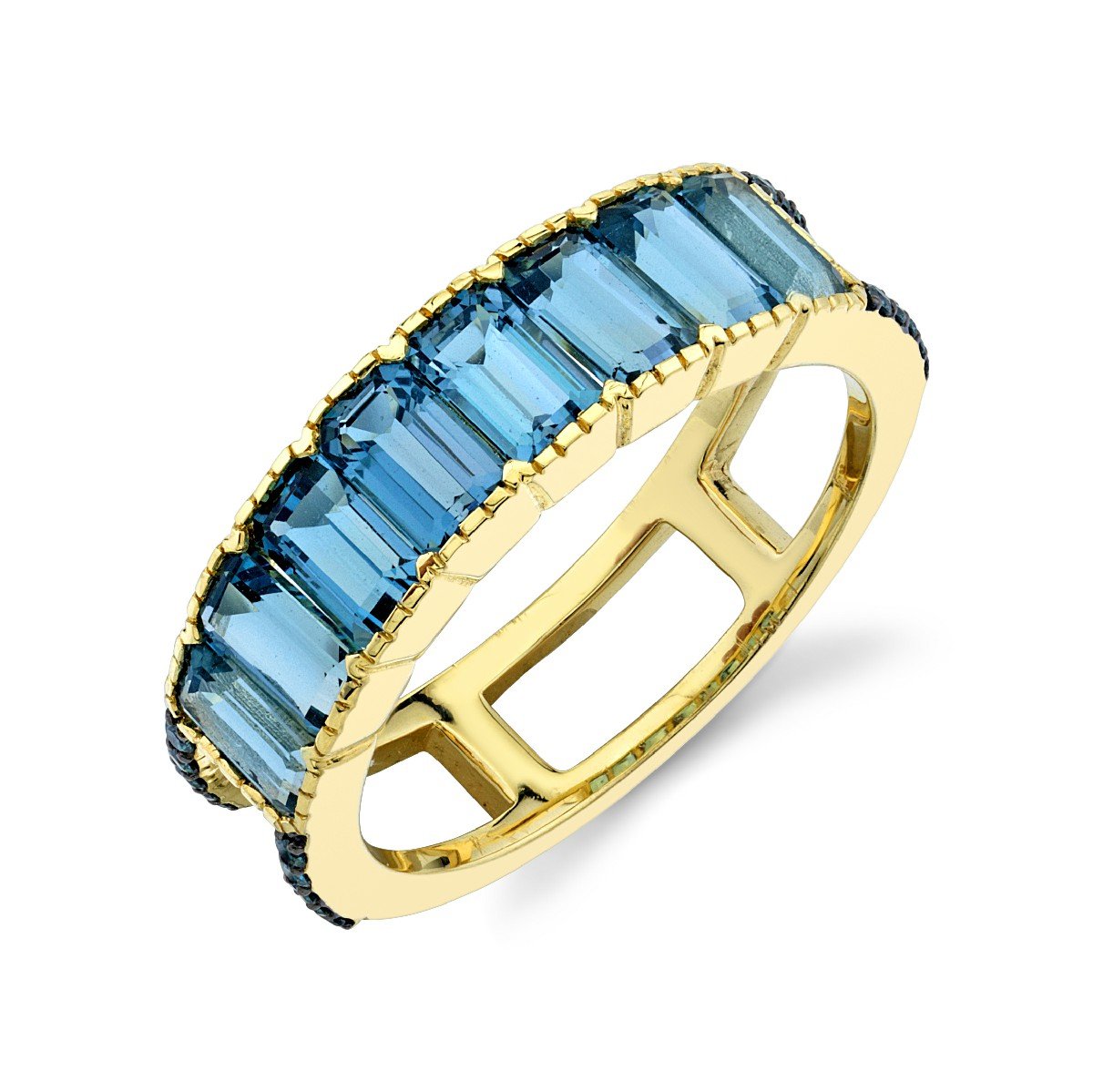 Emerald Cut London Blue Topaz Band With Blue Diamonds