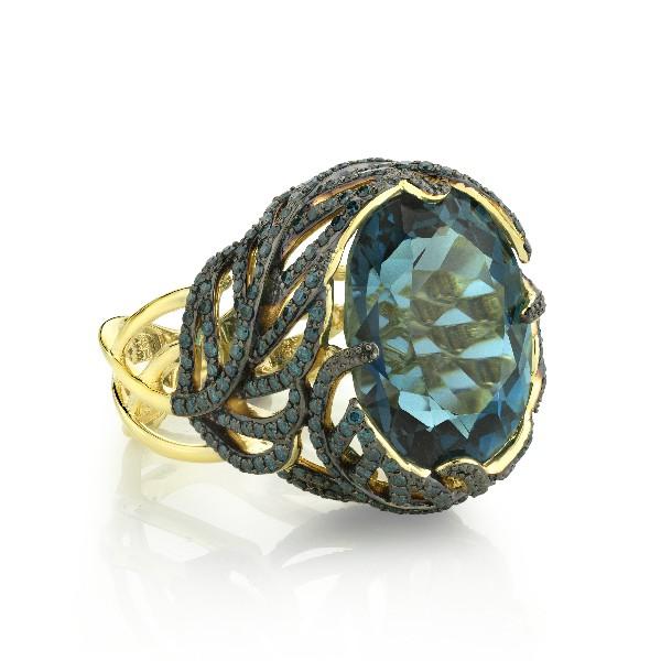 London Blue Topaz Ring With Blue Diamond Feather Wrap