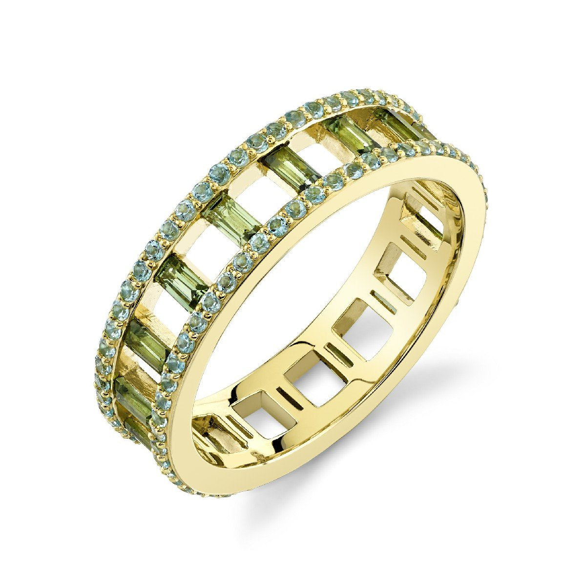 Green Sapphire Baguette Band With Swiss Blue Topaz Edges