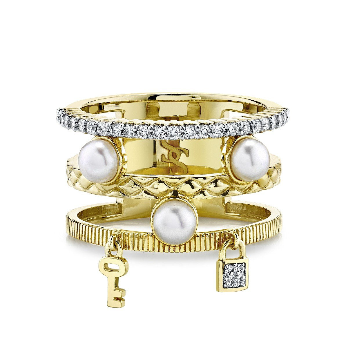 Triple Row Pearl And Diamond Charm Band