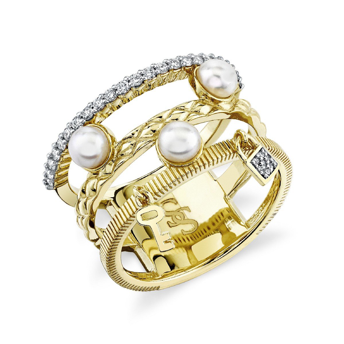 Triple Row Pearl And Diamond Charm Band