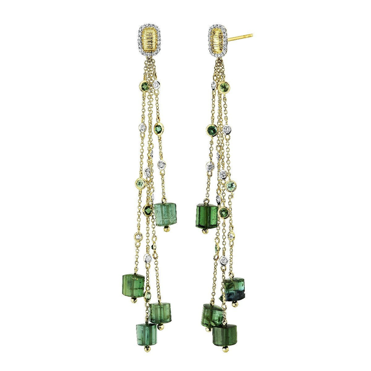 Green Tourmaline Bead Drop Earrings With Scattered Diamonds