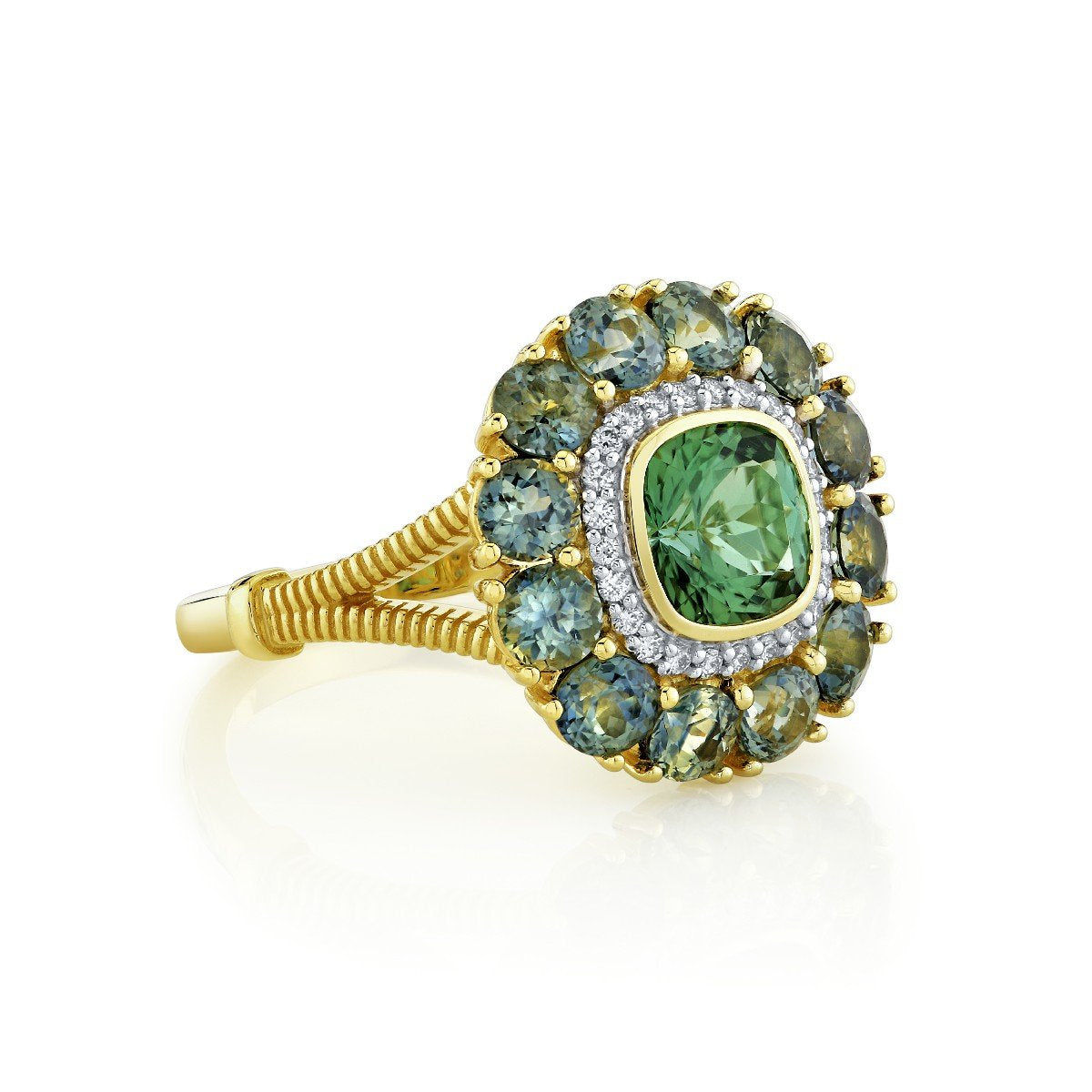 Green Tourmaline Ring With Diamond And Green Sapphire Halos
