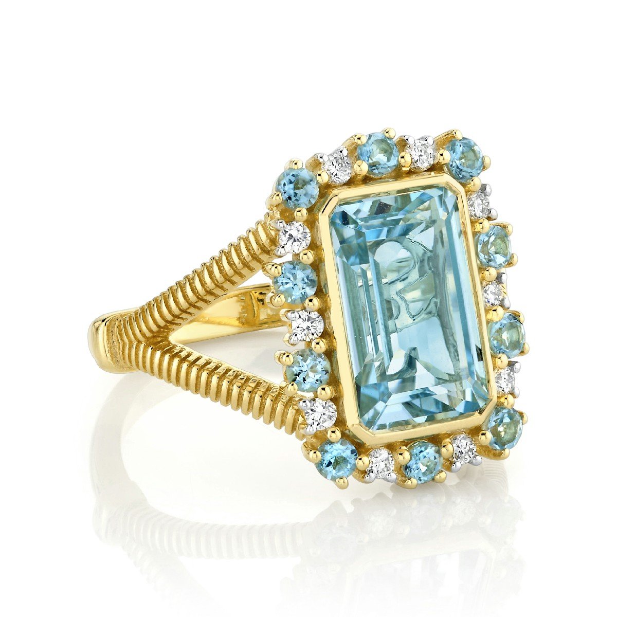 Sky Blue Topaz Emerald Cut Ring With Diamond & Swiss Blue Topaz Halo