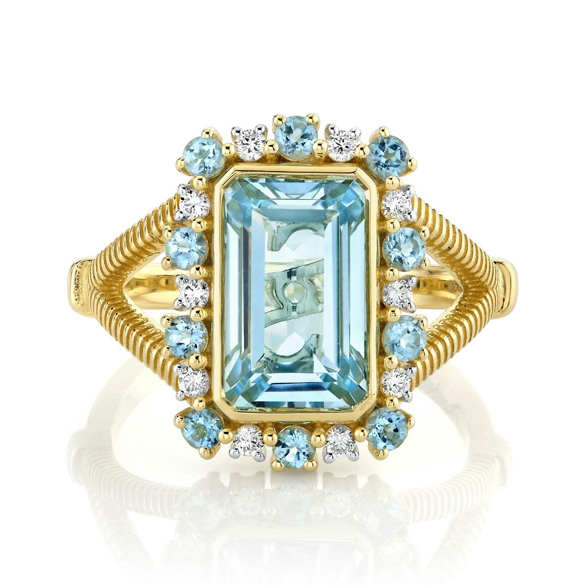 Sky Blue Topaz Emerald Cut Ring With Diamond & Swiss Blue Topaz Halo