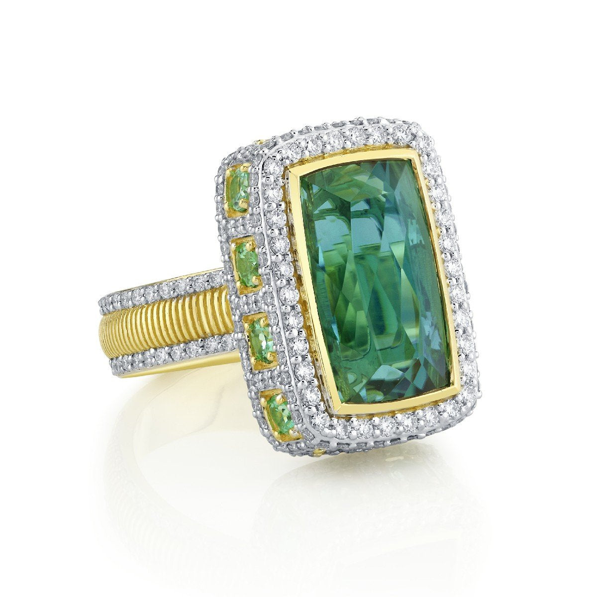 Blue Green Tourmaline Ring With Diamond Halo And Seafoam Green Tourmaline Edges