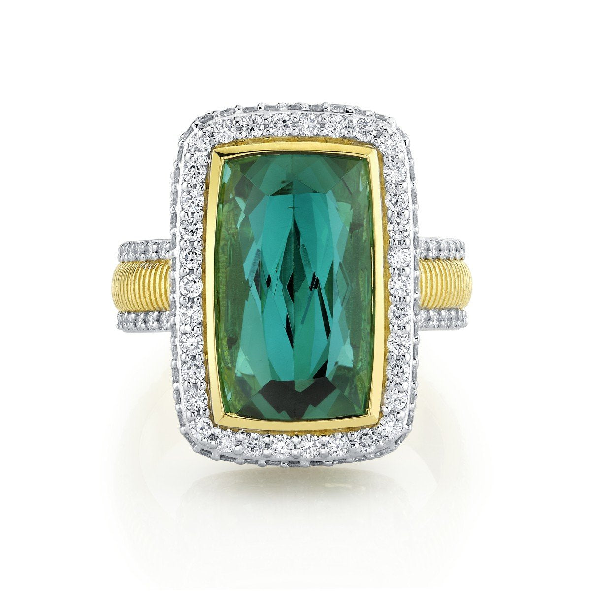 Blue Green Tourmaline Ring With Diamond Halo And Seafoam Green Tourmaline Edges