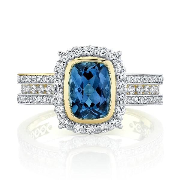 London Blue Topaz Ring With Triple Row Diamond Band