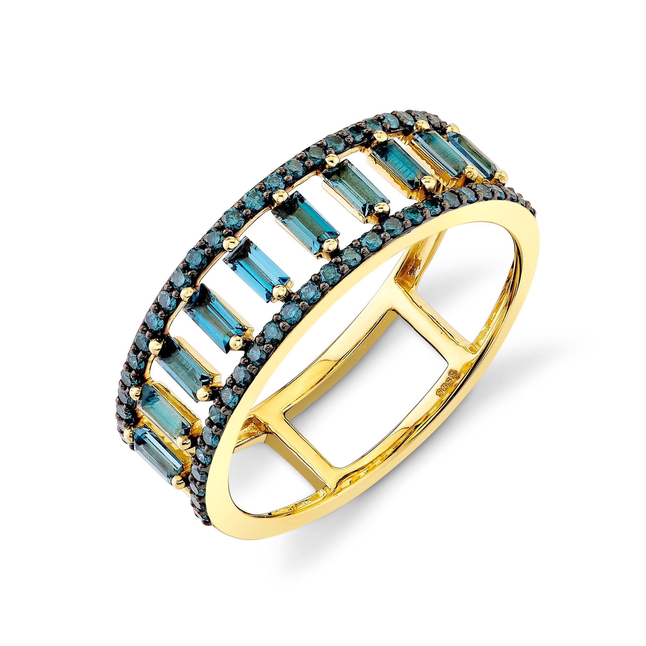 Blue Topaz Baguette Ring With Blue Diamond Edges