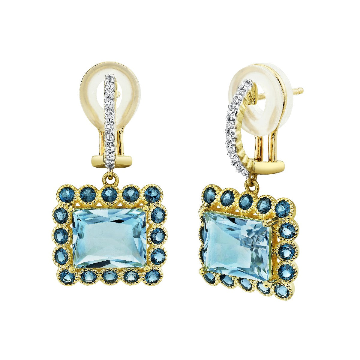Sky Blue Topaz Drop Earrings With London Blue Topaz Halo and Diamonds