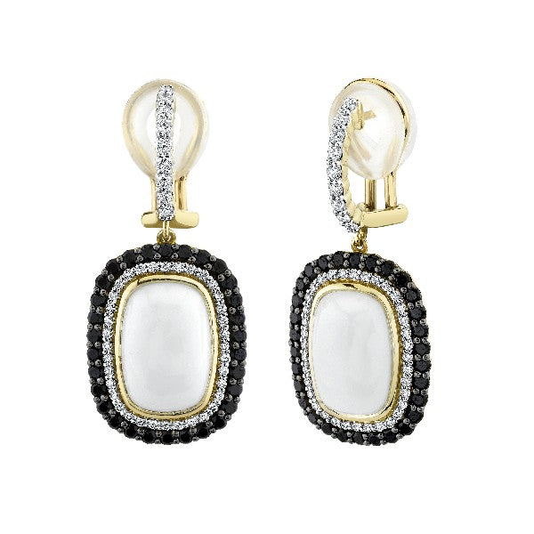 White Onyx Drop Earrings With Diamond & Black Spinel Halos
