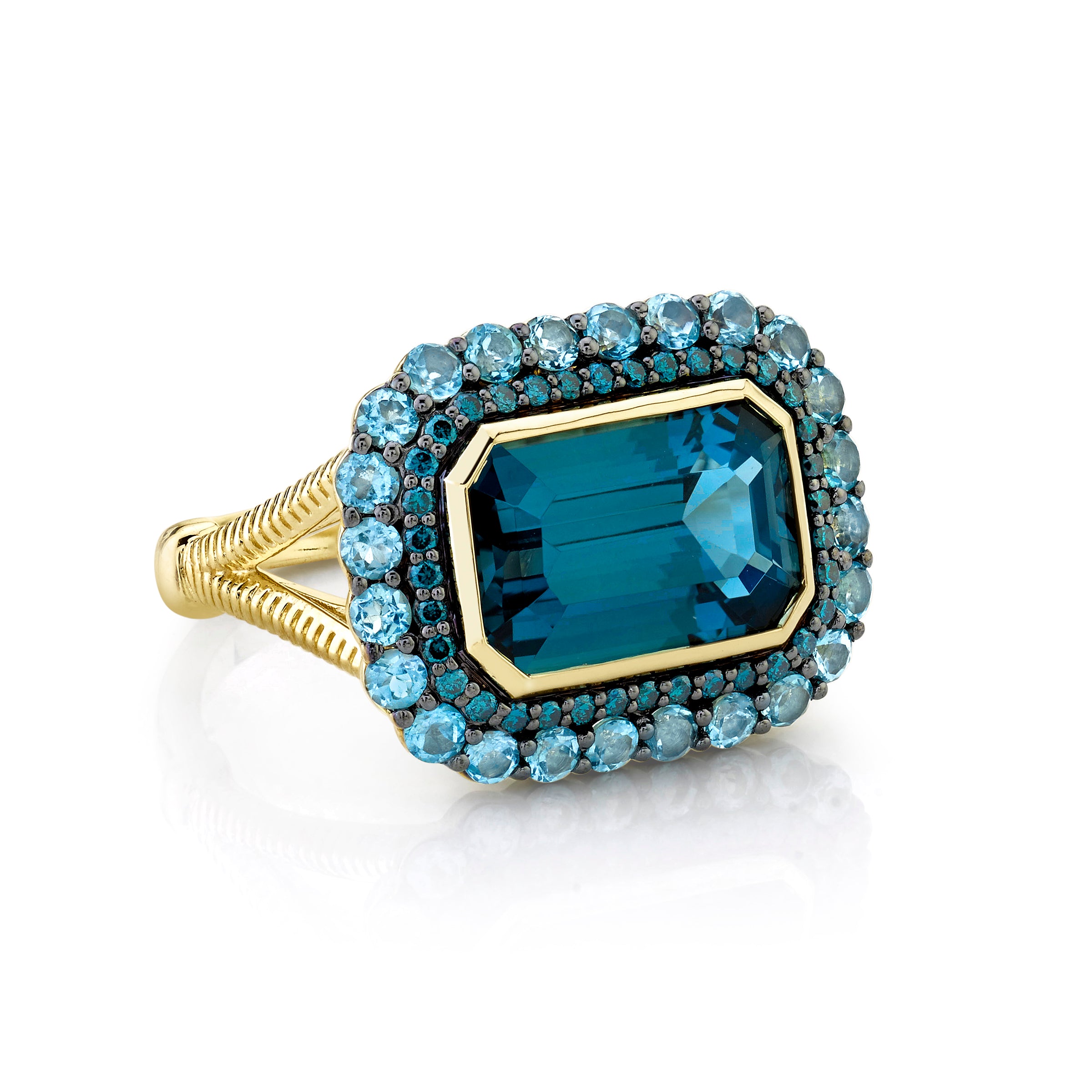 London Blue Topaz Ring with Blue Diamond and Swiss Blue Topaz Halos and Strie Shank