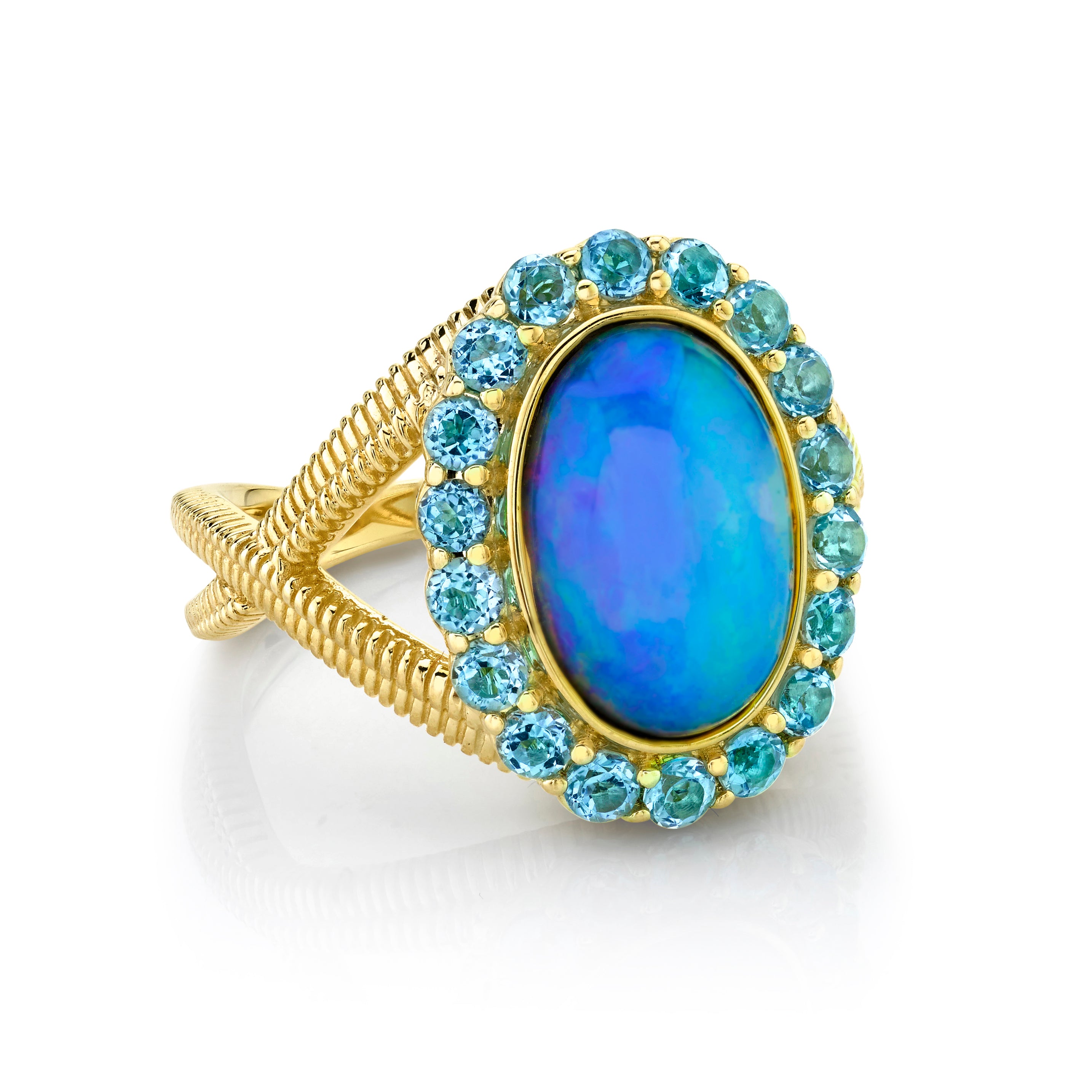 Ethiopian Opal Ring with Swiss Blue Topaz Halo