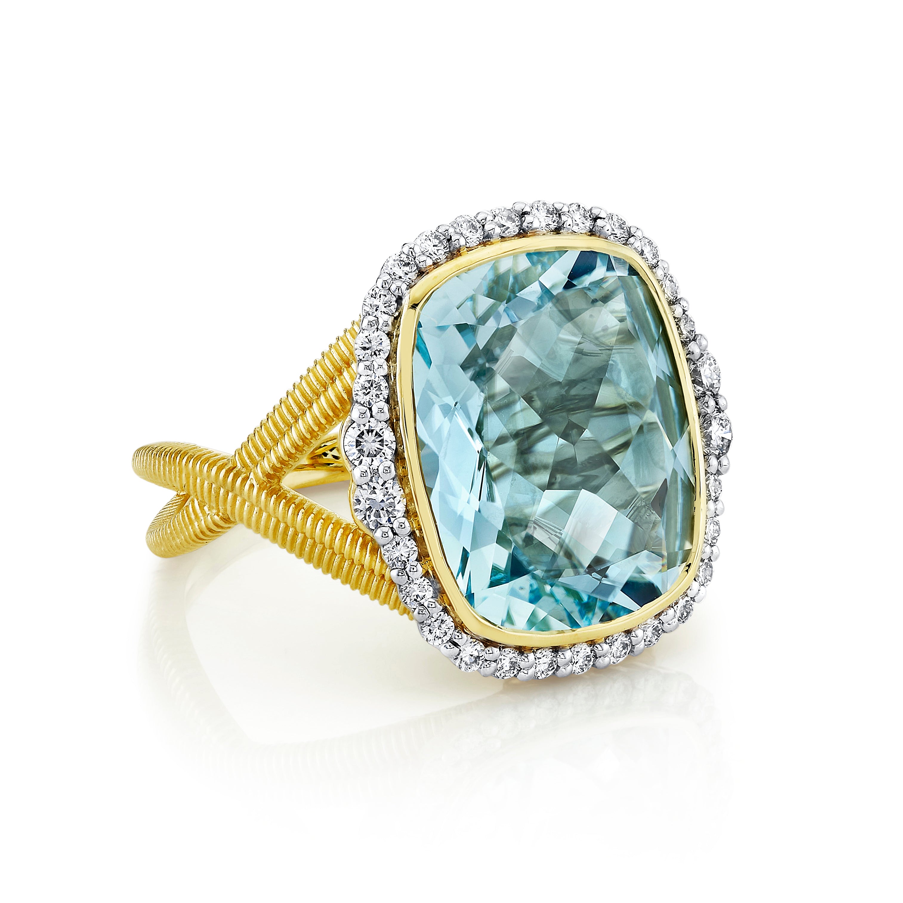 Sky Blue Topaz Ring with Diamond Halo and Criss-Cross Strie Shank