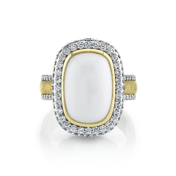 White Onyx Ring With Black Spinel Edge & Pave Diamond Detail