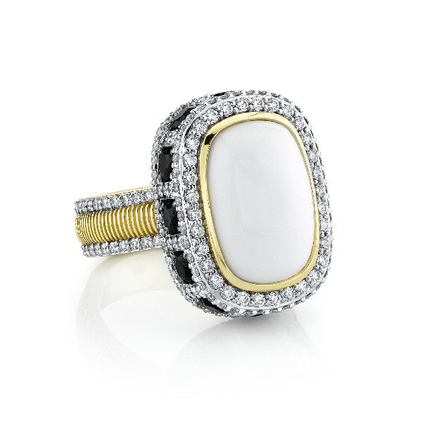 White Onyx Ring With Black Spinel Edge & Pave Diamond Detail