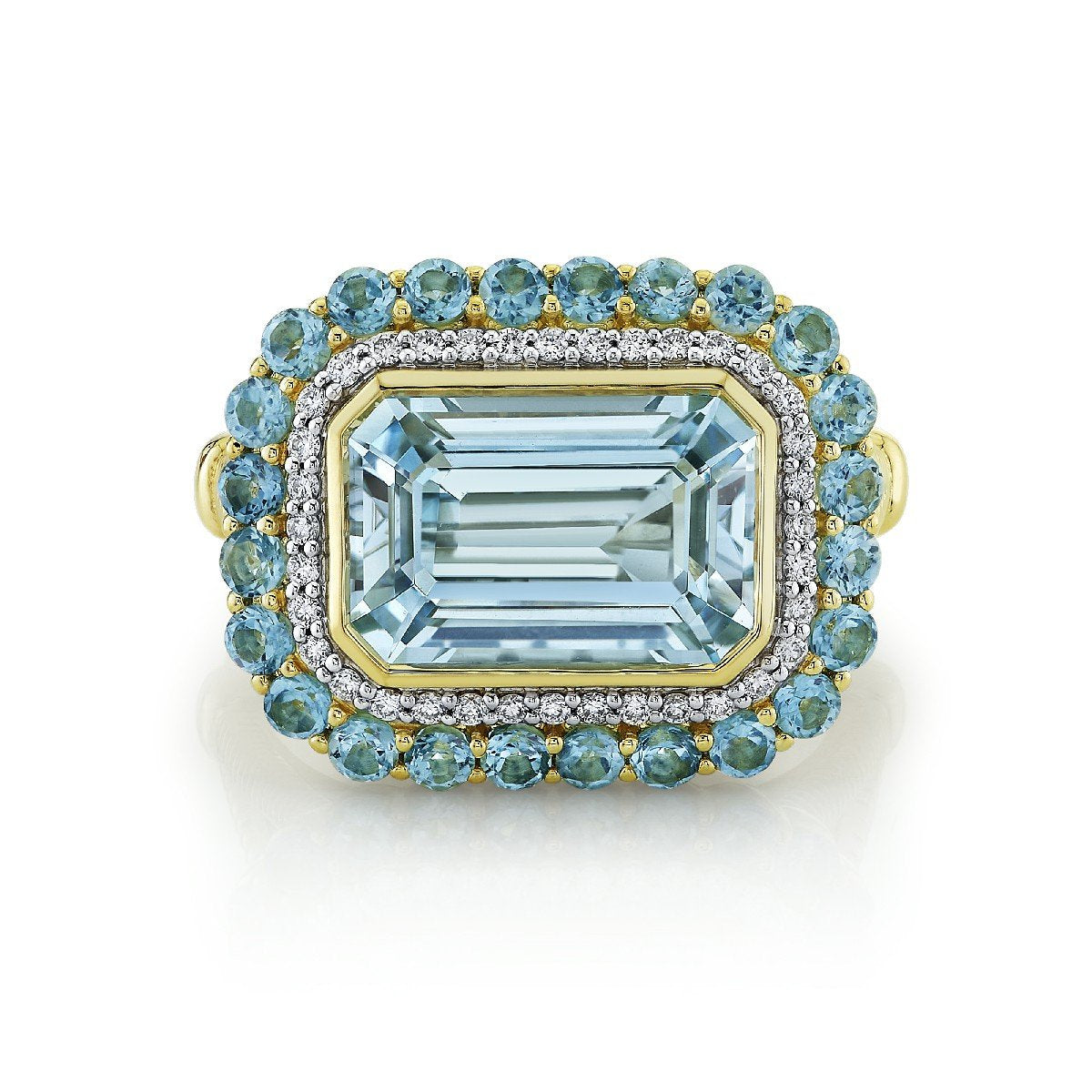 Sky Blue Topaz Ring With Swiss Blue Topaz & Diamond Halo & Strie Detail