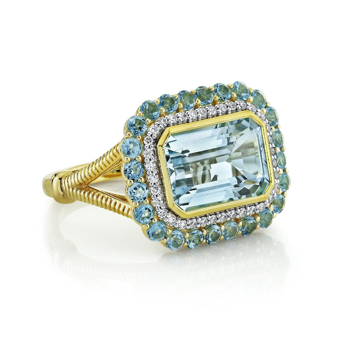 Sky Blue Topaz Ring With Swiss Blue Topaz & Diamond Halo & Strie Detail