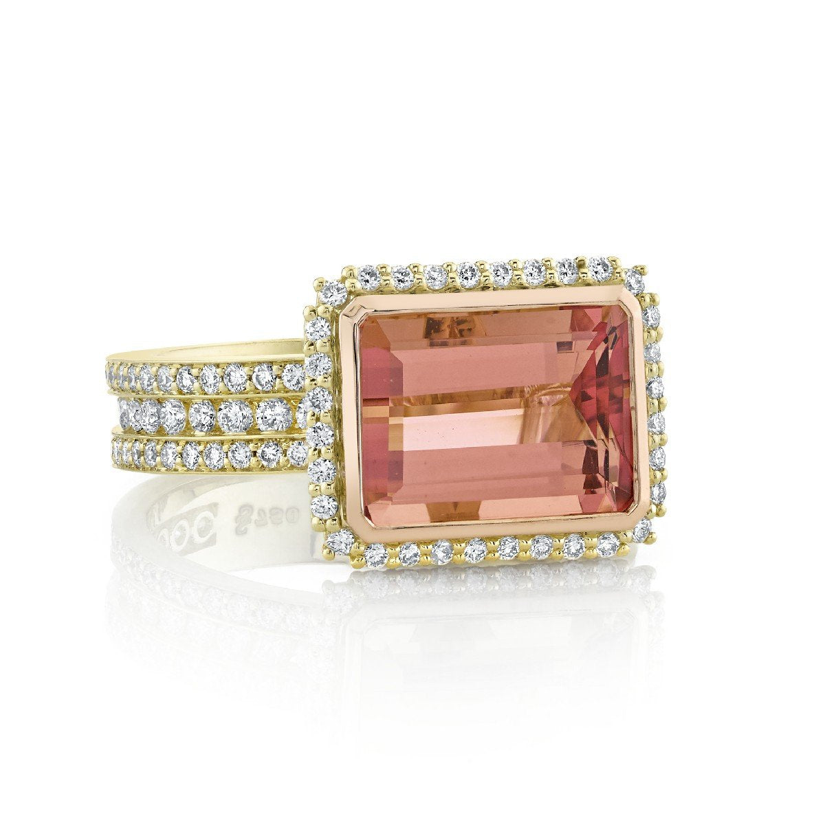 Pink Tourmaline Ring With Triple Row Diamond Band