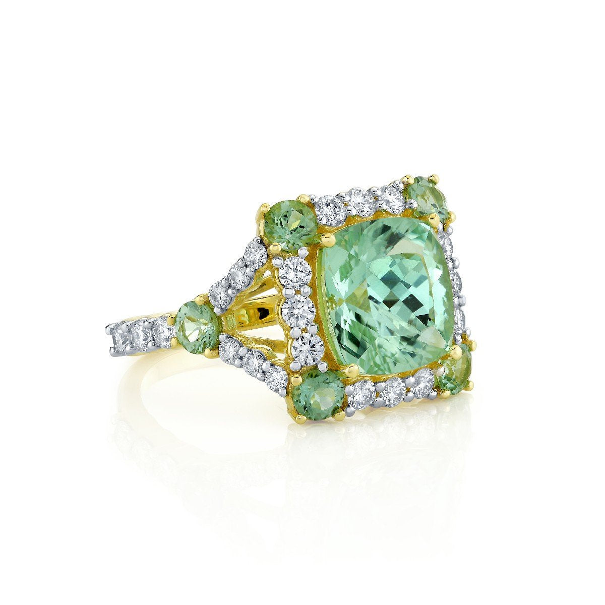 Seafoam Tourmaline Ring With Green Beryl & Diamonds
