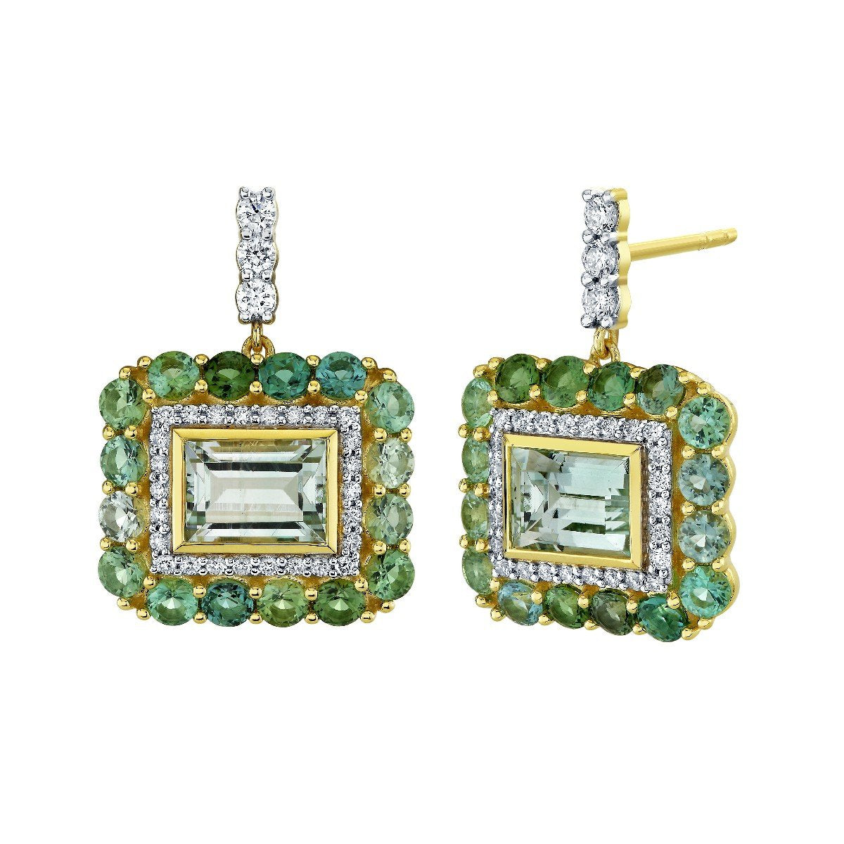 Green Beryl Drop Earrings With Seafoam Tourmaline And Diamond Halos