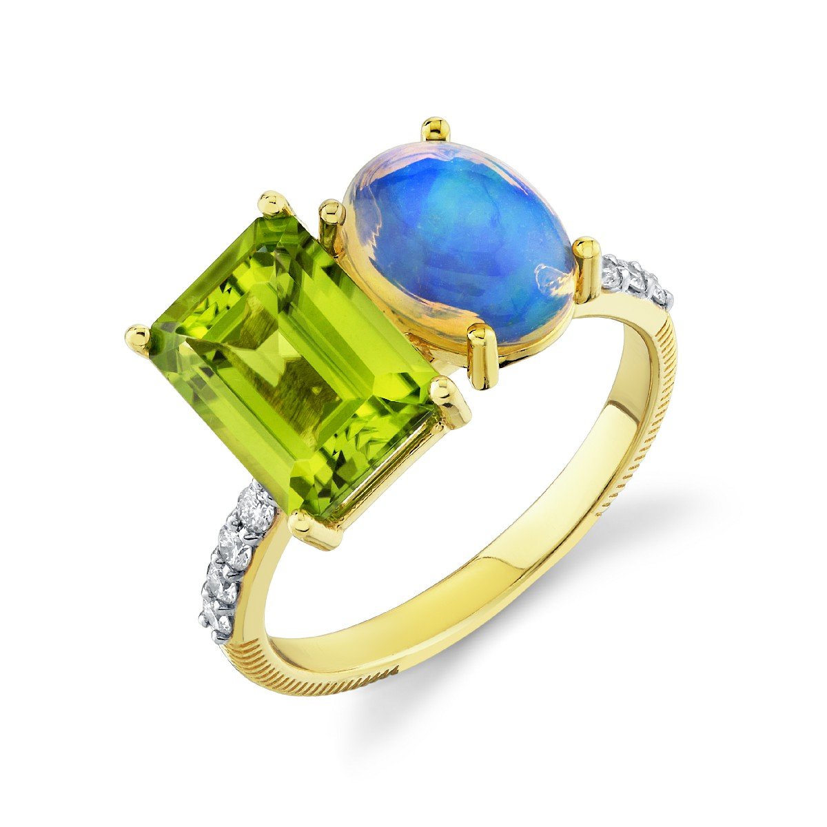 Toi Et Moi Peridot And Ethiopian Opal Ring With Diamond Shank