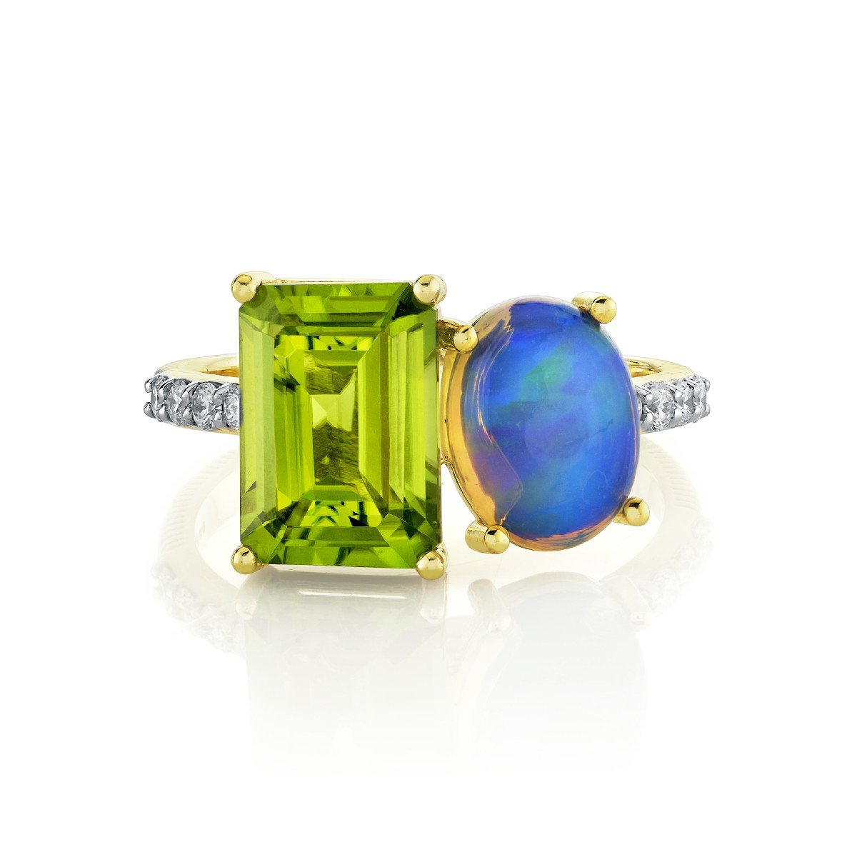 Toi Et Moi Peridot And Ethiopian Opal Ring With Diamond Shank