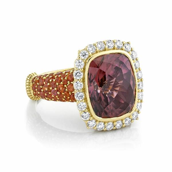 Pink Zircon Ring With Copper Sapphire Shank And Diamond Halo