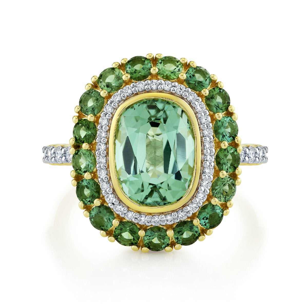Mint Green Tourmaline Ring With Blue Green Tourmaline And Diamond Halo