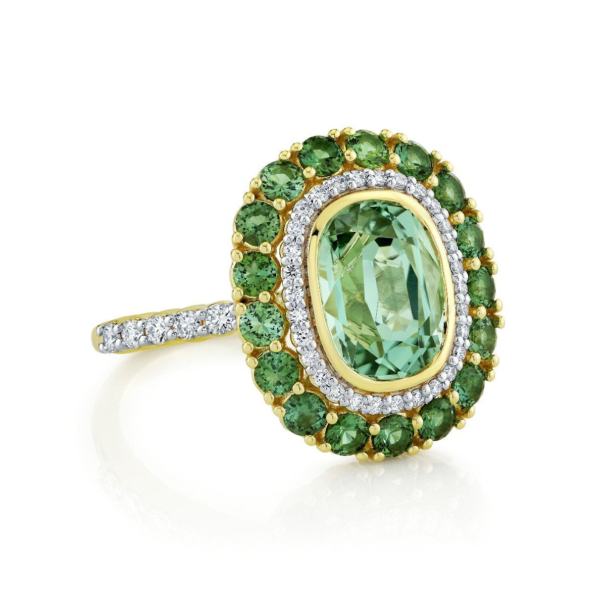 Mint Green Tourmaline Ring With Blue Green Tourmaline And Diamond Halo