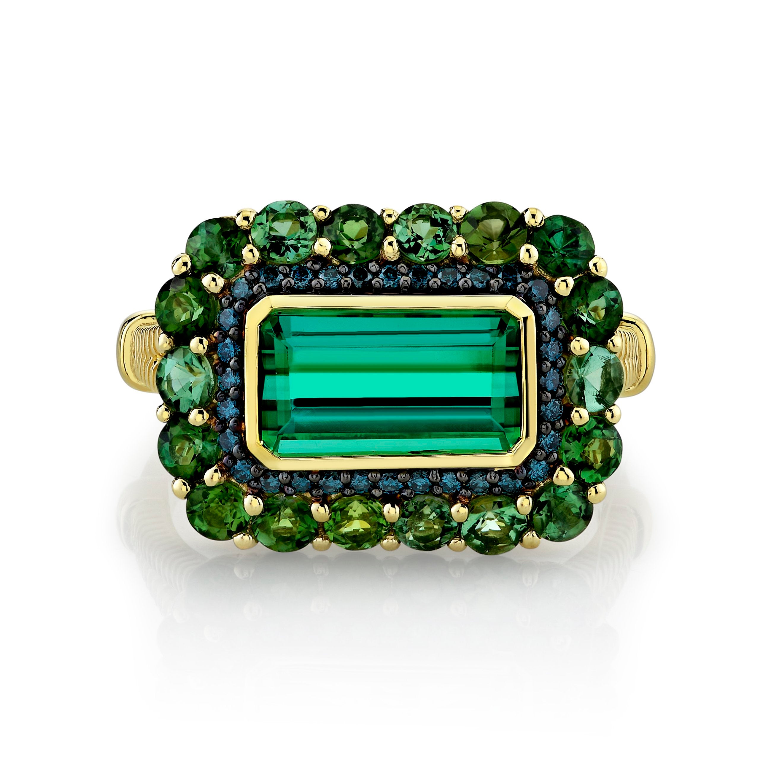 Green Tourmaline Ring With Blue Diamond And Green Tourmaline Halo