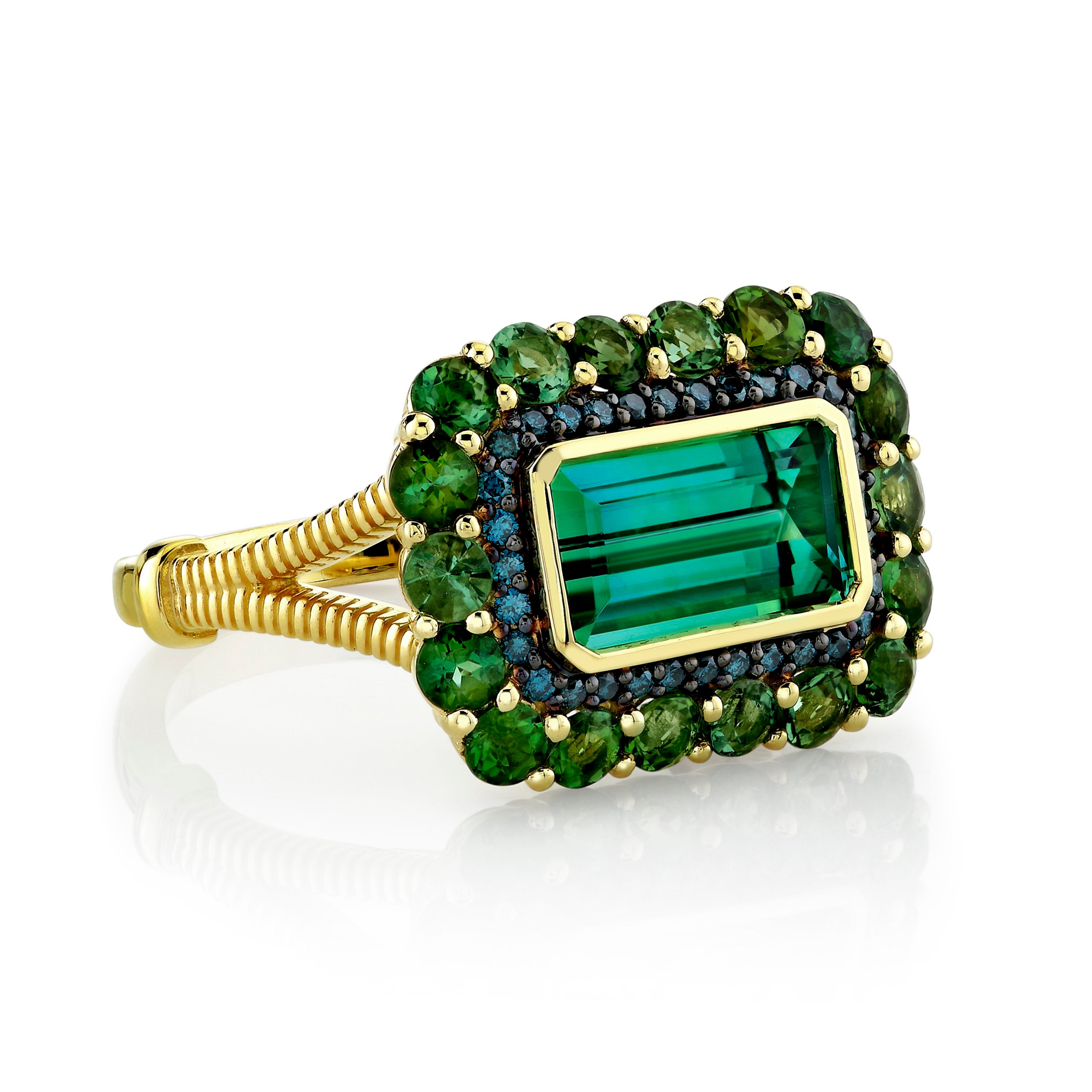 Green Tourmaline Ring With Blue Diamond And Green Tourmaline Halo