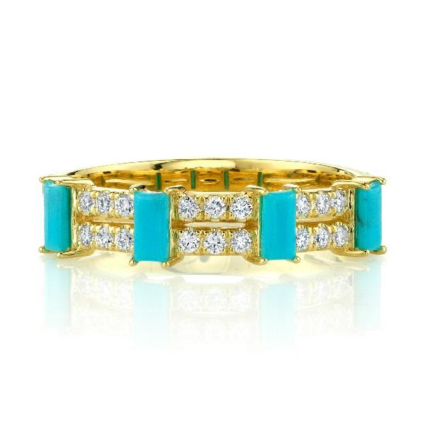 Diamond Double Row Band With Turquoise Baguettes