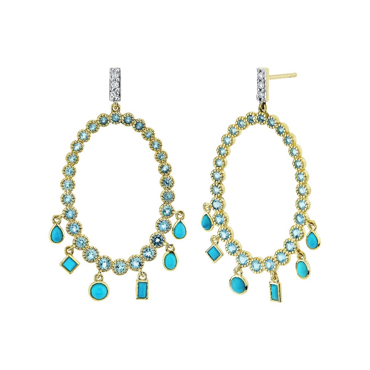 Bezel Set Swiss Blue Topaz Frame Earrings With Dangling Mixshape Turquoise