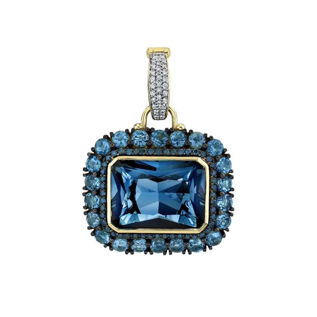 London Blue Topaz Pendant With Swiss Blue Topaz and Blue Diamond Halo