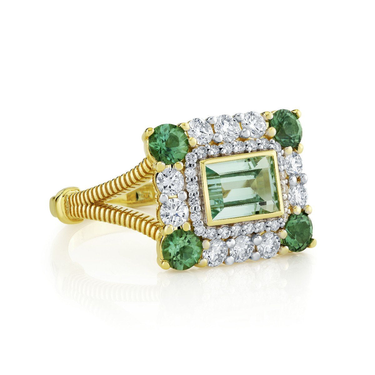 Green Beryl And Seafoam Tourmaline Ring With Diamonds