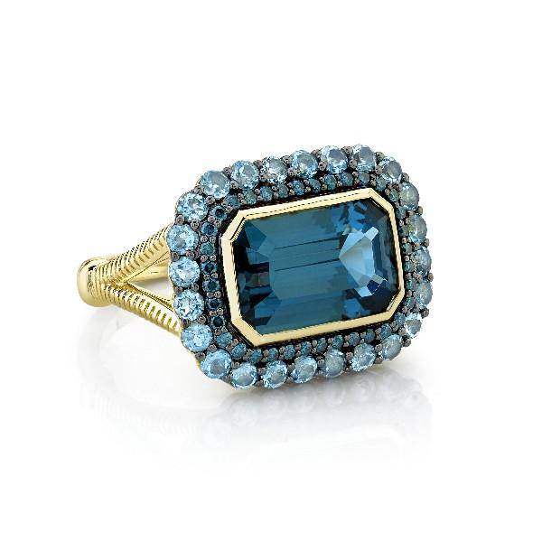 London Blue Topaz Ring With Swiss Blue Topaz & Blue Diamond Hao & Strie Detail