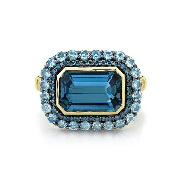 London Blue Topaz Ring With Swiss Blue Topaz & Blue Diamond Hao & Strie Detail