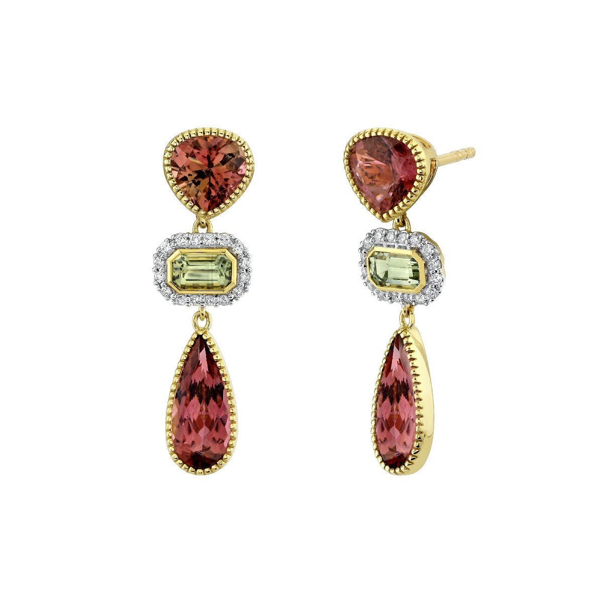 Multishape Pink Tourmaline And Green Sapphire Drop Earrings With Diamonds