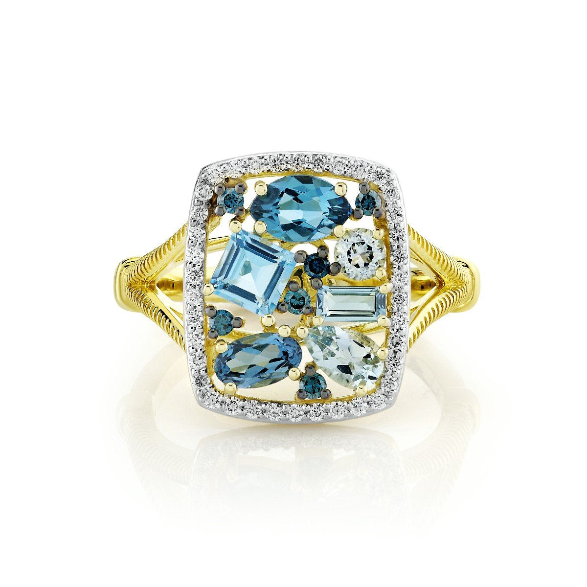Mix Shape Blue Topaz Ring With Diamond Halo