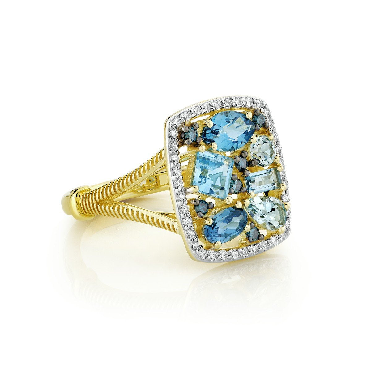 Mix Shape Blue Topaz Ring With Diamond Halo