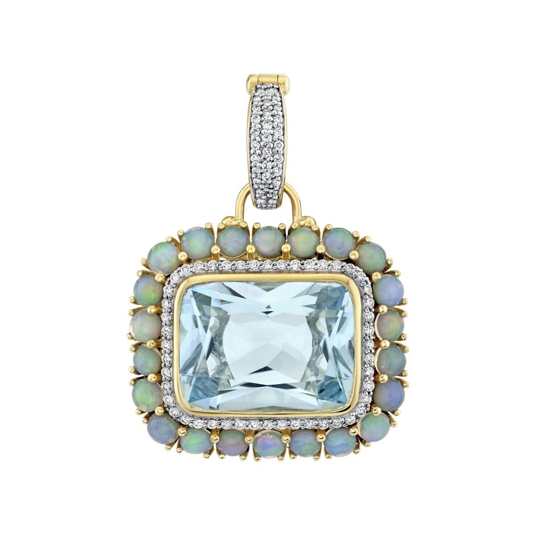 Sky Blue Topaz Pendant With Diamond And Opal Halo