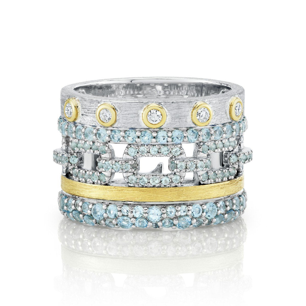 Mixed Metal Multi Row Swiss Blue Topaz & Diamond Ring